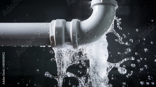 Emergency water damage repair scenario, showcasing a high-pressure burst of water erupting from a ruptured pipe, symbolizing the urgency of plumbing issues.