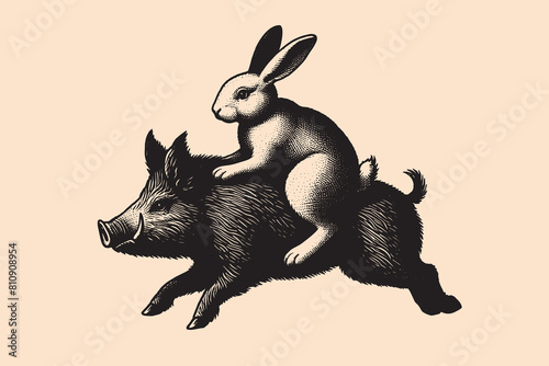 A rabbit riding a boar. Vintage engraving vector illustration, emblem, logo, icon, Isolated object