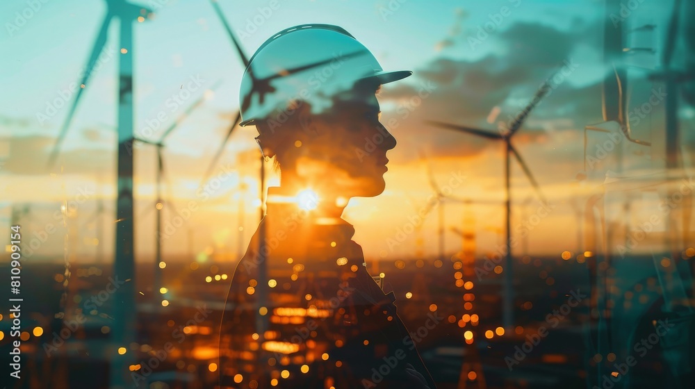 A female engineer standing in front of a wind turbine at sunset.