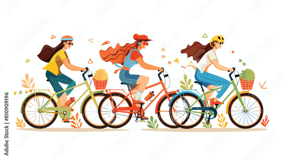 Group of smiling young friends riding bicycles togeth