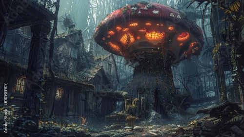 Formulating a depiction of a giant, glowing mushroom serving as a shelter in a postapocalyptic setting, in an art nouveau style photo
