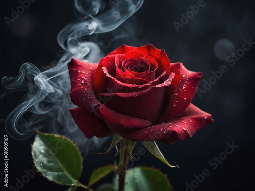 Enigmatic Bloom  A red rose shrouded in swirling smoke captivates against a dark background.