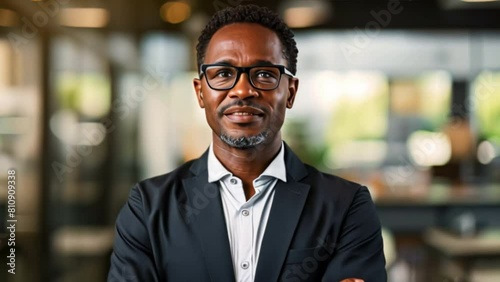 Professional American businessman in a city street, confidently smiling and standing, exuding a serious yet approachable demeanor photo