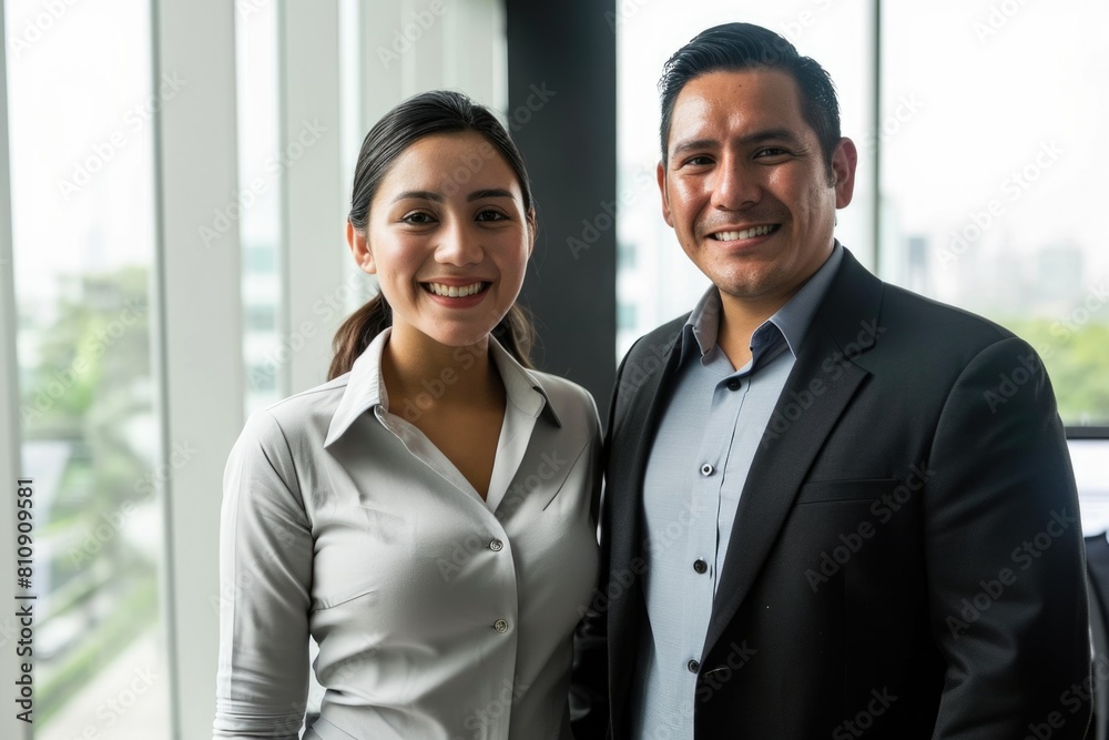 A young businessman and woman pose for a photo, dressed in formal attire Fictional Character Created By Generative AI. A young businessman and woman pose for a photo, dressed in formal attire Fictional Character Created By Generative AI.