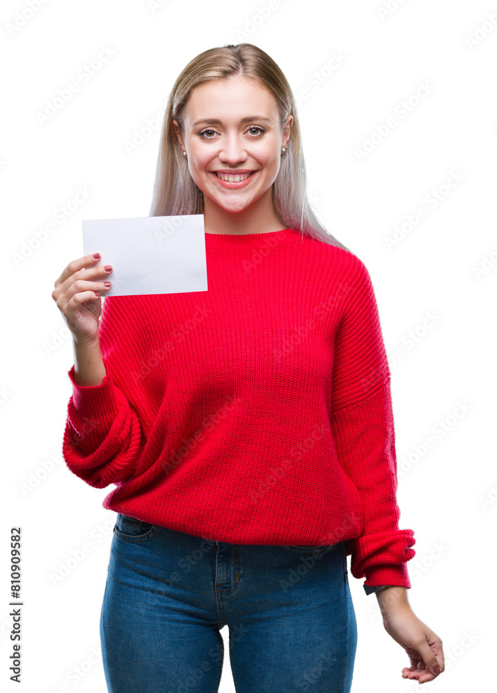 Young blonde woman holding blank paper card over isolated background with a happy face standing and smiling with a confident smile showing teeth Young blonde woman holding blank paper card over isolated background with a happy face standing and smiling with a confident smile showing teeth
