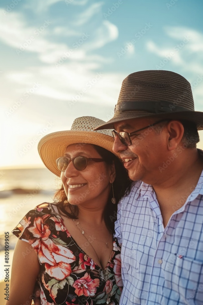 A happy couple posing together at the beach with sunglasses and hats. Fictional Character Created By Generative AI. 