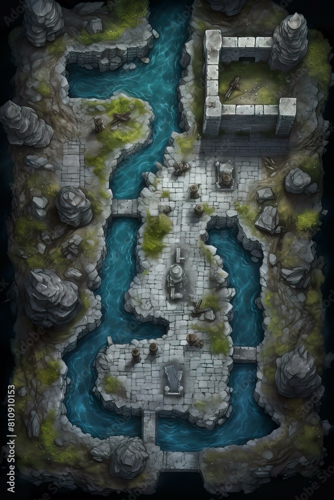 DnD Battlemap fortress, medieval, stone, lake, tranquil, walls