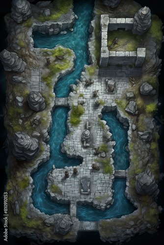 DnD Battlemap fortress, medieval, stone, lake, tranquil, walls © Fox