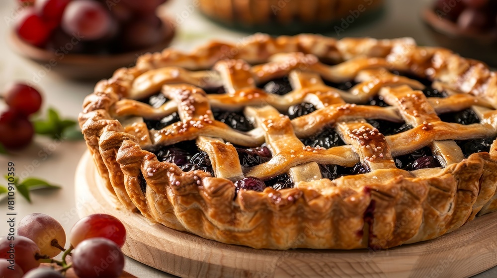 Crisp close-up of a fruit pie with grapes on a table, isolated against a bright background, studio lighting emphasizing details Crisp close-up of a fruit pie with grapes on a table, isolated against a bright background, studio lighting emphasizing details