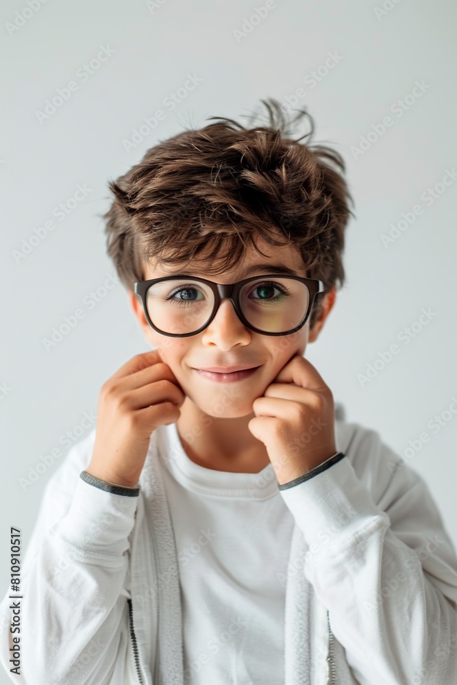Young Boy in Glasses Standing on Cobblestone Street