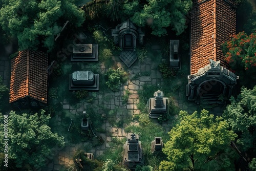 DnD Battlemap graveyard, aerial view, summarized, bird's eye view, graveyard view, cemetery