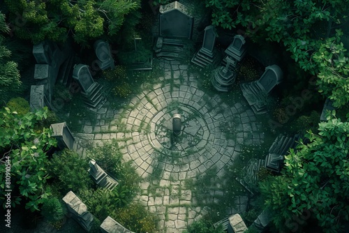 DnD Battlemap graveyard, aerial view, top-down, cemetery, drone footage, landscape