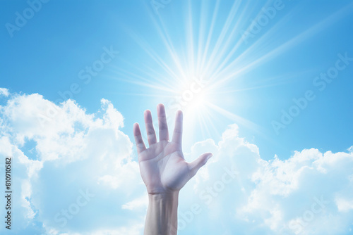 Religious concept of hope praying to god, hands raised to the cloudy sky. AI generated.