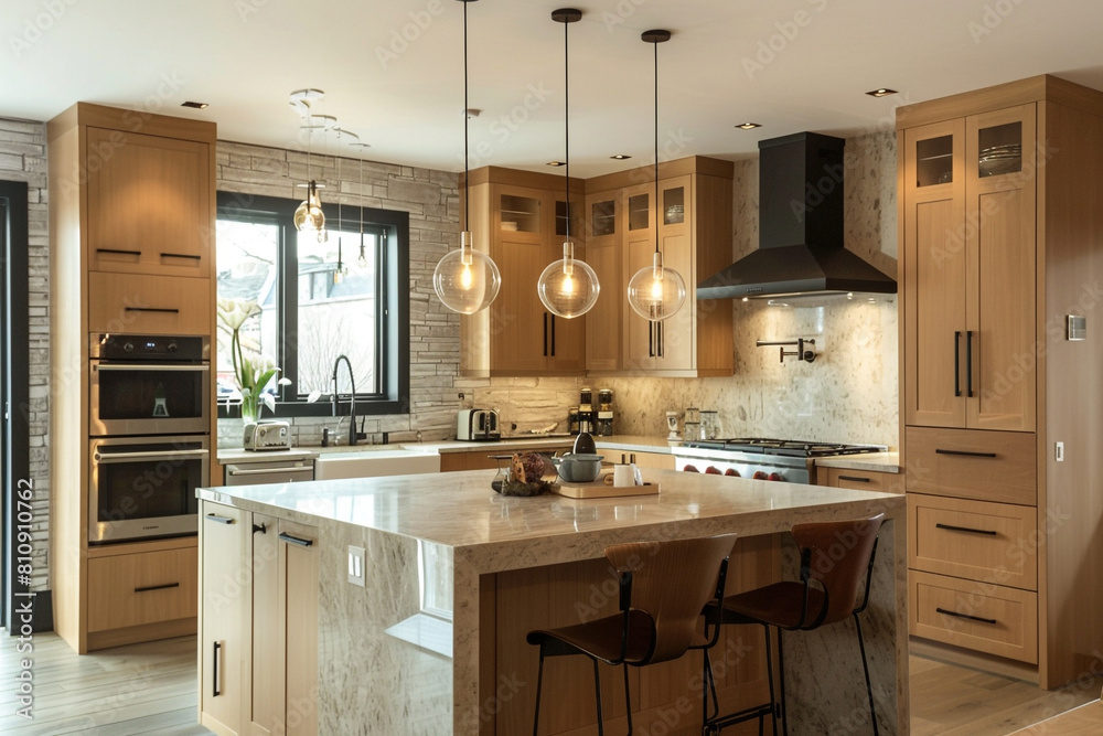 A contemporary Montreal kitchen, with French-Canadian flair, featuring maple wood cabinets, a quartzite island, and sophisticated lighting, embodying the citya??s blend of cultures. A contemporary Montreal kitchen, with French-Canadian flair, featuring maple wood cabinets, a quartzite island, and sophisticated lighting, embodying the citya??s blend of cultures.