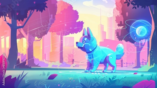 Illustration of a robotic dog playing fetch with holograms in a cybernetic park  perfect for a web banner