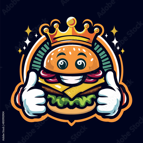 Vector mascot illustration of hamburger with crown element and thumbs up hand showing tasty