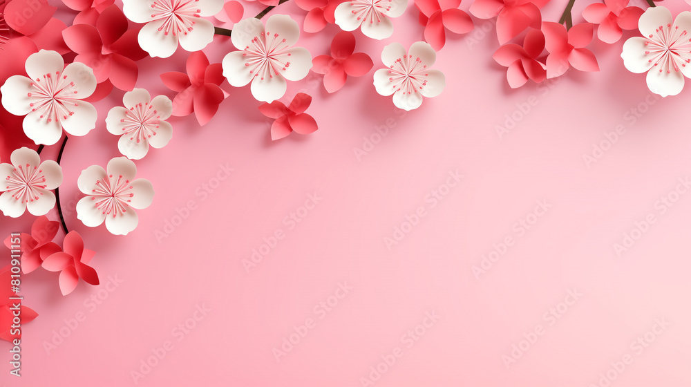 Paper cut flowers and leaves, Fresh spring nature background. Floral banner, poster, flyer template with copy space. Paper cut flowers and leaves, Fresh spring nature background. Floral banner, poster, flyer template with copy space.