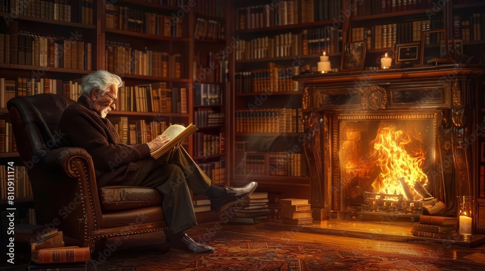In a cozy, dimlylit library, an elderly man reads a classic novel beside a glowing fireplace, realistic photo