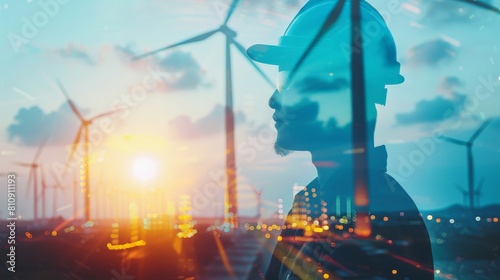 The engineer looks out at the wind turbines, a symbol of the future. photo