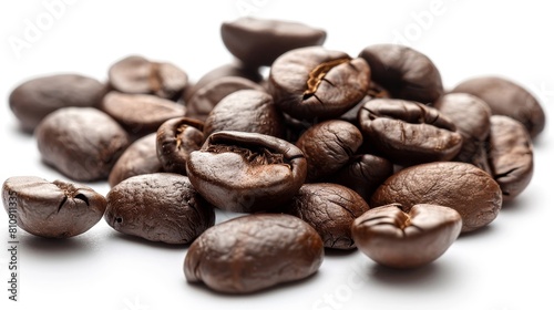 Close-up shot of roasted coffee beans scattered on an isolated background, studio lighting emphasizing their texture and rich color