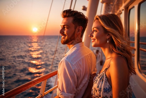 Romantic young couple in love, on a cruise ship at sunset