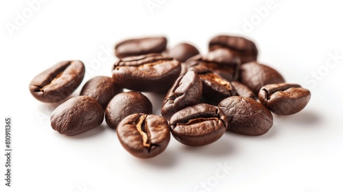Close-up shot of roasted coffee beans scattered on an isolated background, studio lighting emphasizing their texture and rich color