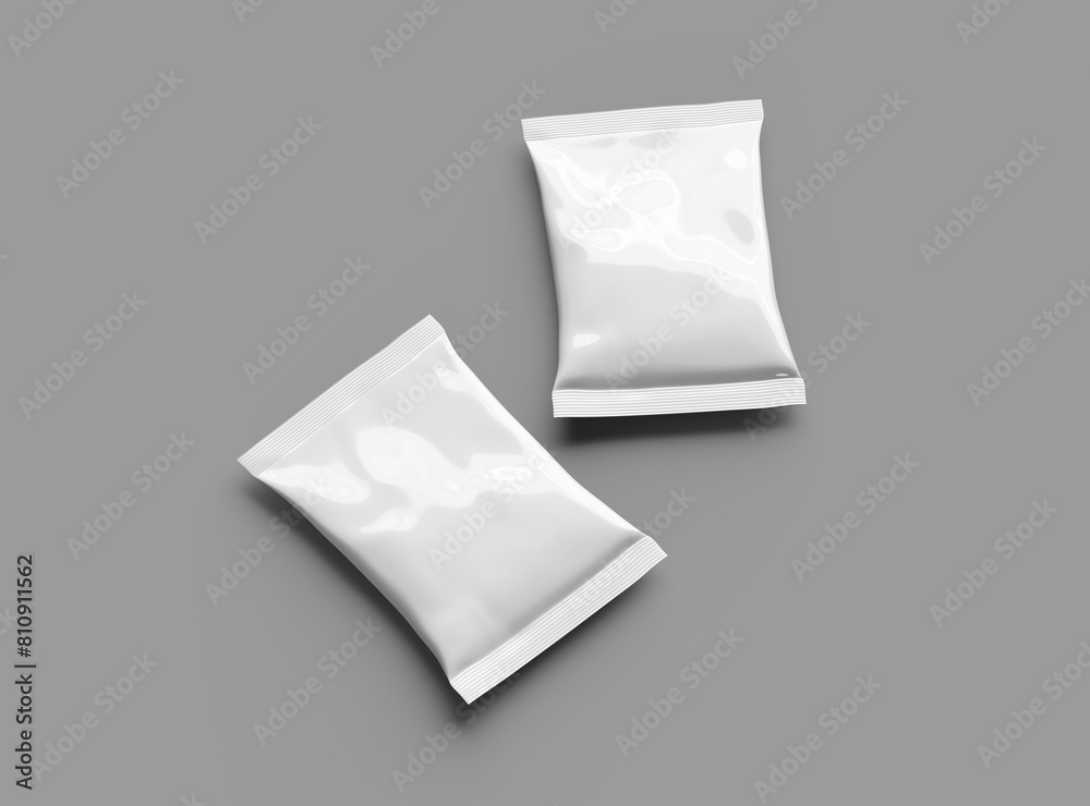 Realistic 3D render of small package for food snack, chips, cookies, peanuts, candy on light background Realistic 3D render of small package for food snack, chips, cookies, peanuts, candy on light background