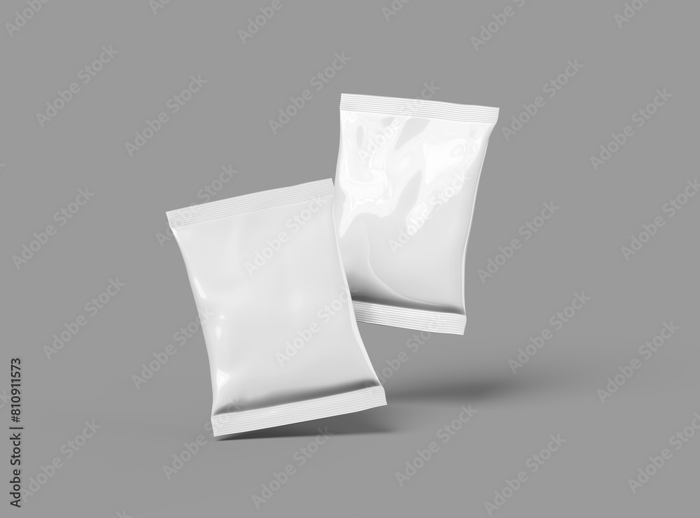Realistic 3D render of small package for food snack, chips, cookies, peanuts, candy on light background Realistic 3D render of small package for food snack, chips, cookies, peanuts, candy on light background