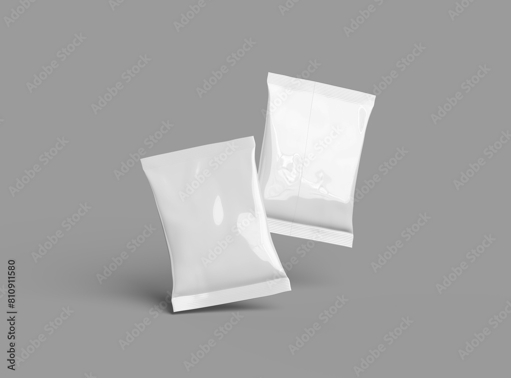 Realistic 3D render of small package for food snack, chips, cookies, peanuts, candy on light background Realistic 3D render of small package for food snack, chips, cookies, peanuts, candy on light background