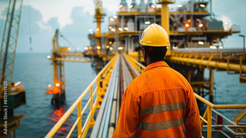An engineer inspecting a pipeline network used to transport oil and gas from the platform to onshore facilities. Generative ai illustration. An engineer inspecting a pipeline network used to transport oil and gas from the platform to onshore facilities. Generative ai illustration.