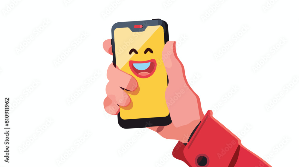 Hand holding phone with emoji message. Social network