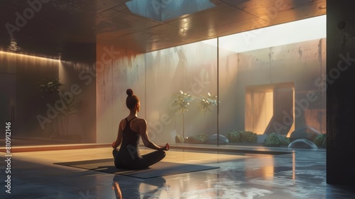 Inside a sleek  modern gym  a woman practices yoga in a serene  softly lit corner  enhancing her mindbody connection  realistic photo