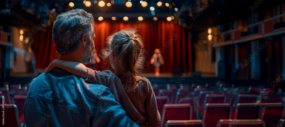 of a mother and father attending a school play, watching their child perform on stage, showing pride and encouragement from the audience, Embracing, Support, Mother, Parents, with of a mother and father attending a school play, watching their child perform on stage, showing pride and encouragement from the audience, Embracing, Support, Mother, Parents, with