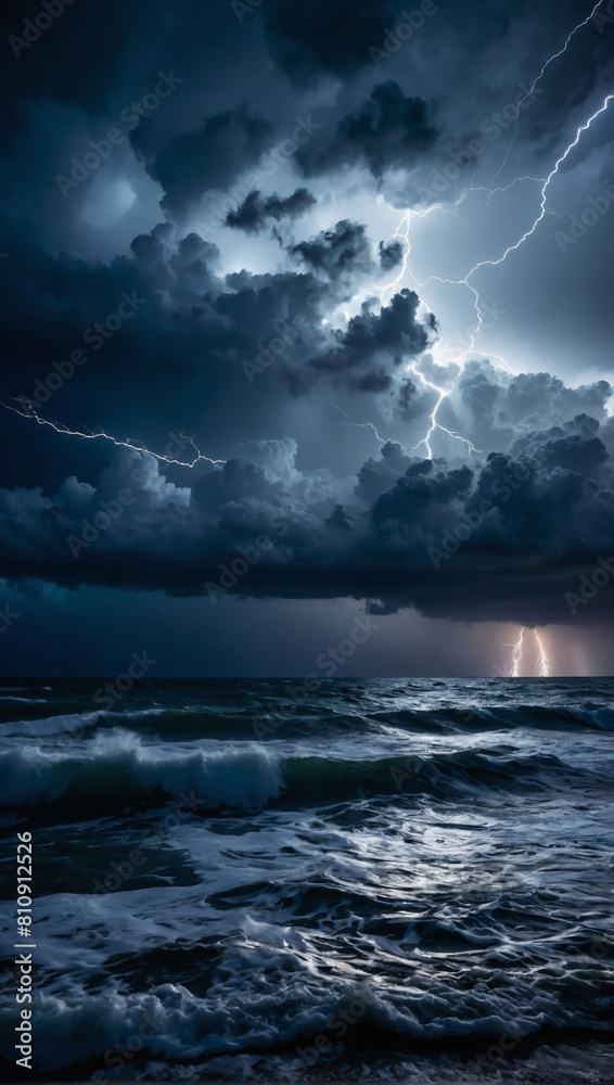 Epic storm at sea under the cover of night, towering waves and ominous clouds creating an awe-inspiring sight.