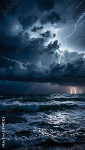 Epic storm at sea under the cover of night, towering waves and ominous clouds creating an awe-inspiring sight.