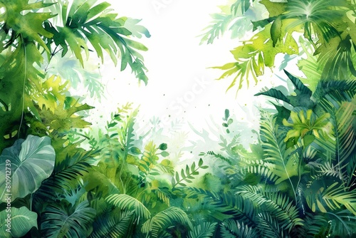 Minimal watercolor depicting a dense rainforest, highlighting the lush greenery and diverse ecosystem in kawaii styles, Simple detail clipart cute watercolor on white background