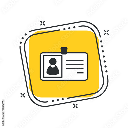 Cartoon id card icon vector illustration. Plastic card on isolated yellow square background. Identity sign concept.