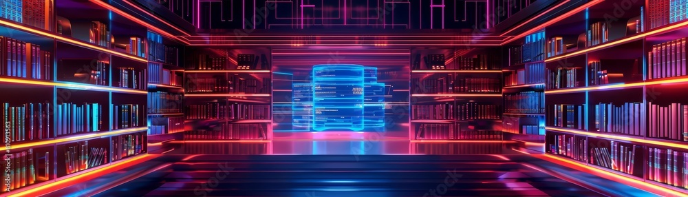 Neon color of a futuristic library Neon color of a futuristic library