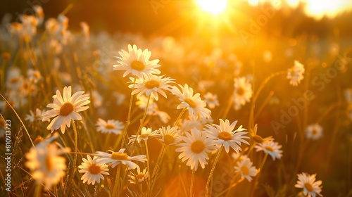 white daisy blooms in a field  with the focus on the setting sun. The grassy meadow is blurred  creating a warm golden hour effect during sunset and sunrise time