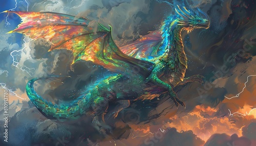 The image is of a green and blue dragon with yellow and orange wings flying in a stormy sky. photo