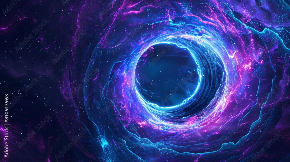 The traces of neon blue and purple light are abstract. Modern realistic illustration of hyperspace jump into black hole through vibrant tunnel. Fast speed motion effect, teleportation through space The traces of neon blue and purple light are abstract. Modern realistic illustration of hyperspace jump into black hole through vibrant tunnel. Fast speed motion effect, teleportation through space