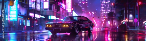 Neon style of a vintage car  enhanced with cyberpunk 80s color  parked on a neonlit street  offering a blend of old and new aesthetics  synth wave