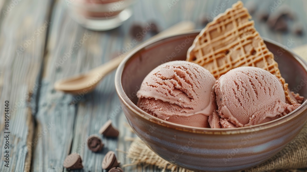 Close-up image of two ice cream scoops served with a wafer in a bowl, on a rustic wooden table, studio lighting, isolated background Close-up image of two ice cream scoops served with a wafer in a bowl, on a rustic wooden table, studio lighting, isolated background