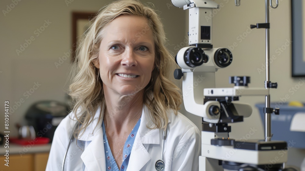 Female Doctor in Clinic with Ophthalmology Equipment Female Doctor in Clinic with Ophthalmology Equipment