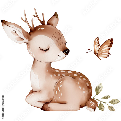 Sleeping woodland baby deer with butterfly, watercolor cute forest animal clipart