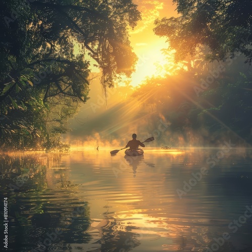 On a tranquil lake, a lone kayaker paddles softly under the golden sunrise, surrounded by lush greenery, realistic photo © JK_kyoto
