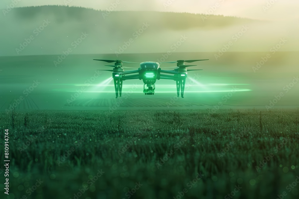 Photo of a hightech farming drone with hologram, cast in rich green hues, hovering over a rural field, banner concept