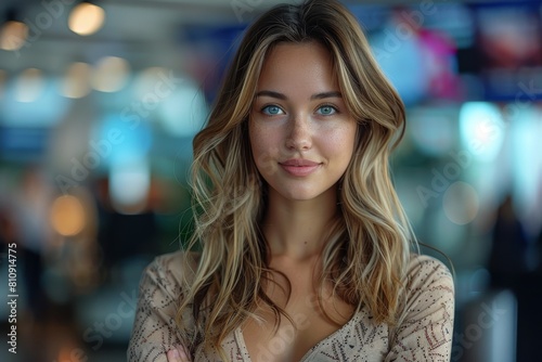 A high-quality image capturing a gorgeous young woman with striking blue eyes and a gentle expression