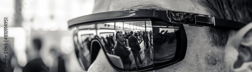 Photo of an innovative wearable tech device with hologram, in sleek black and white tones, showcased in a tech expo, banner for web