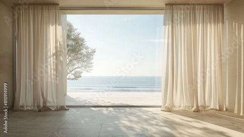 Empty room in luxury summer beach house with sea view behind curtains. Interior design with neutral color material. Minimal natural aesthetic background. Quiet luxury